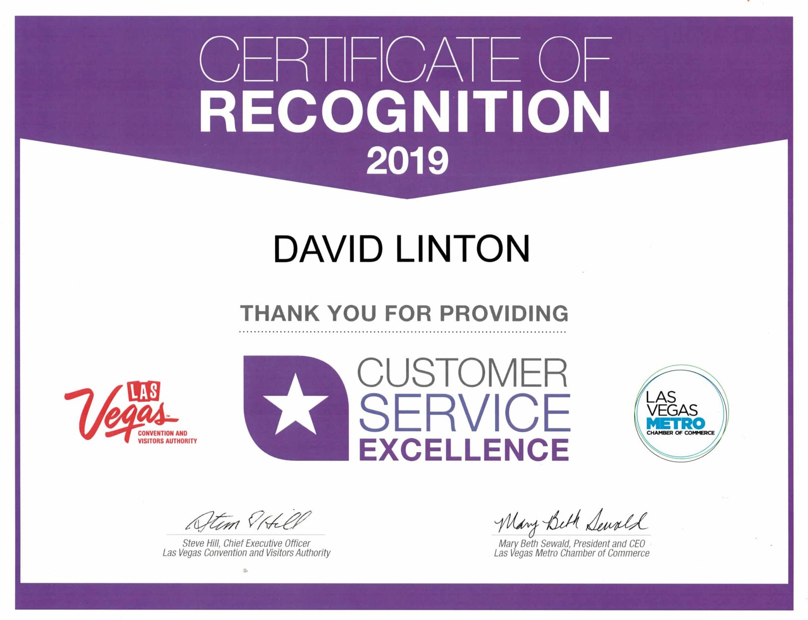 Las Vegas Chamber of Commerce Certificate of Recognition to David Linton for Customer Service Excellence